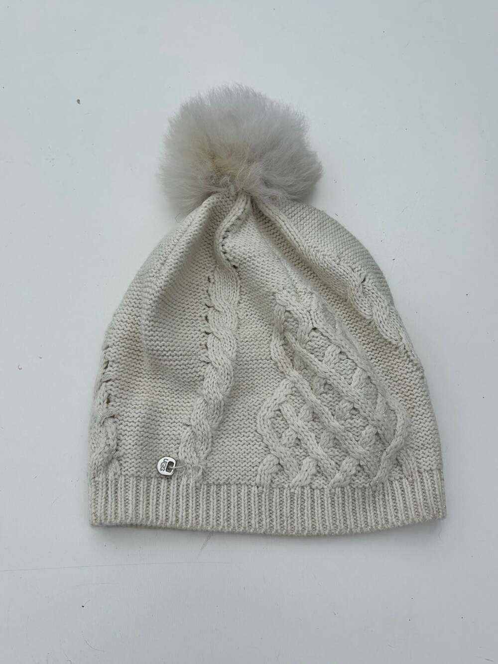 Ugg Wool Blend Cream, Metallic Cable Knit Pom Pom Beanie